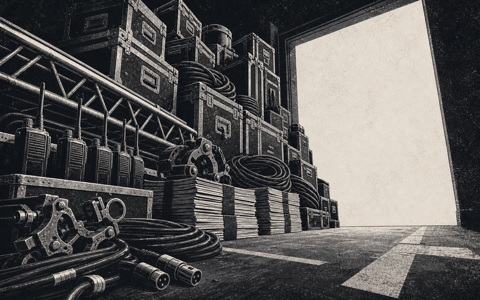 Monochrome screenprint of event equipment and production commitments stacked beside an open stage door