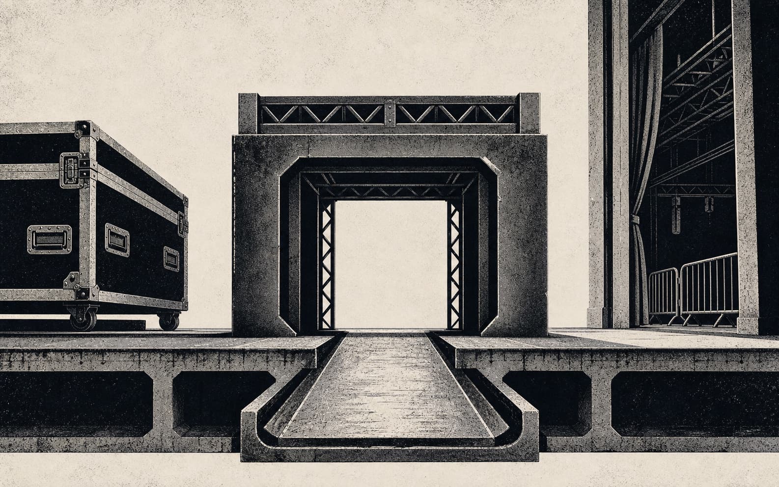 Monochrome screenprint of a broad stage-loading channel connecting an event road case to a venue threshold