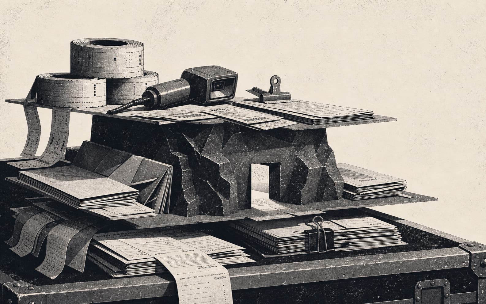 Monochrome screenprint of ticket rolls, event records, and settlement materials layered around a carved event field
