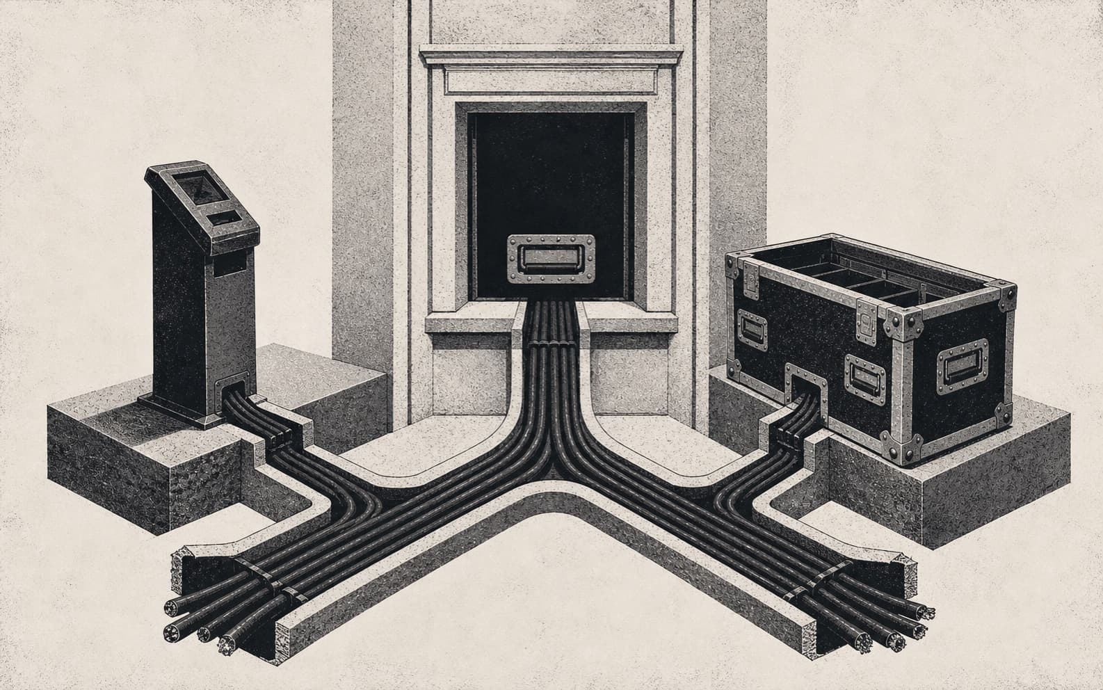Monochrome screenprint of a venue threshold branching into two equal ticketing and commerce cable rails