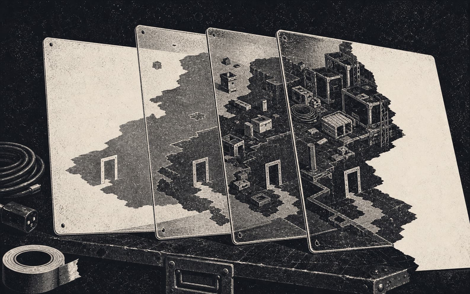 Monochrome screenprint of four layered exposures making an event field progressively more visible while remaining incomplete