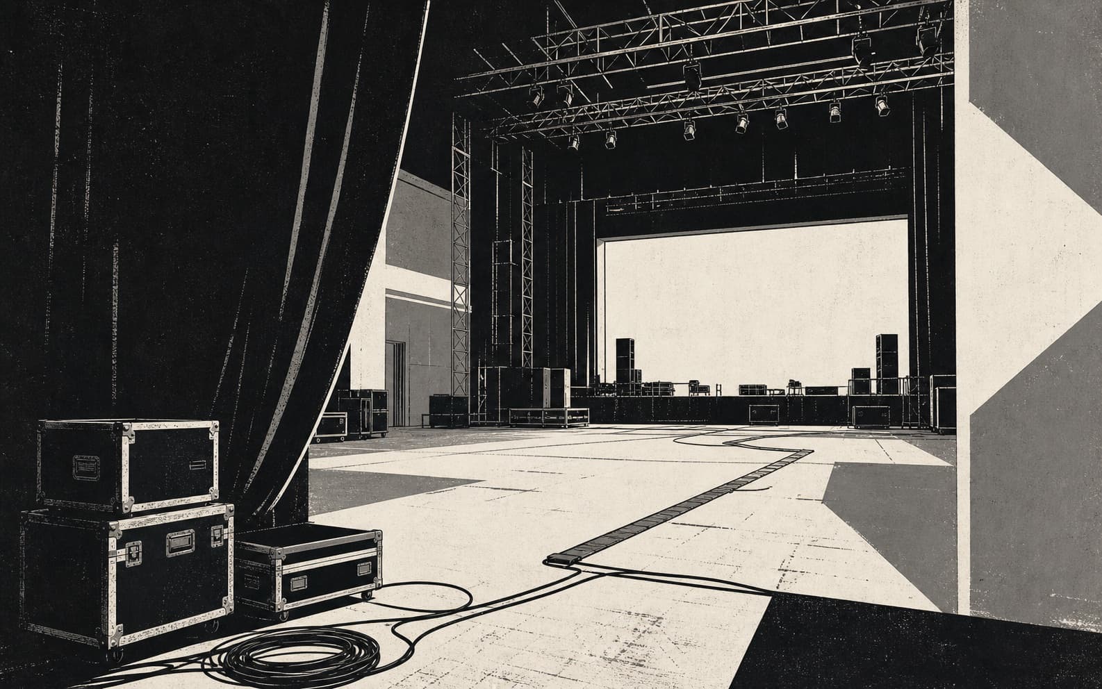 Monochrome screenprint illustration of an empty live-event room with a stage, lighting rig, and floor prepared before doors open